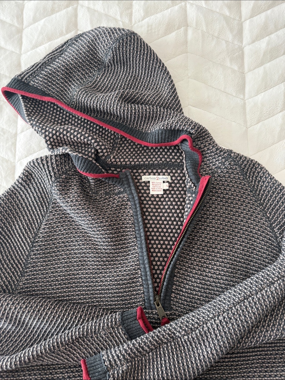 Men's Zip-Up Hooded Knit Sweater in Charcoal with Red Trim